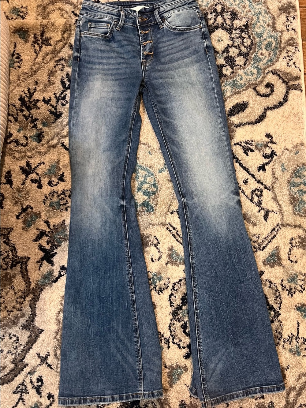 Women’s Light Blue Flare Jeans with Button-Fly